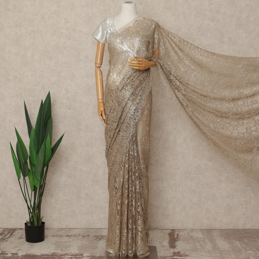 Champagne Gold Premium French Metallic Chantilly Saree Lace Fabric 5.5 Meters x 110 Cms Width Elegant Floral Net Material From France Unstitched Blouse Not Included-D28142