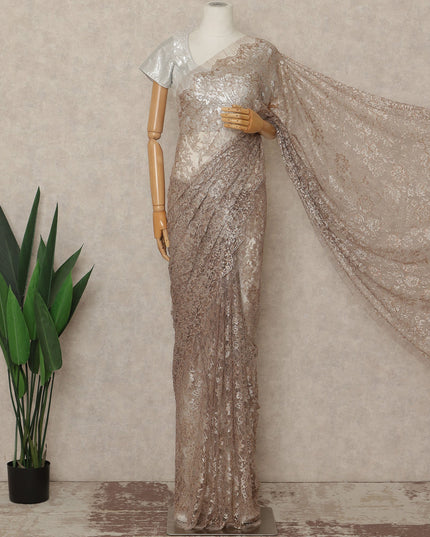 Taupe Brown Premium French Metallic Chantilly Saree Lace Fabric 110 Cms Width 5.5 Meters Piece Elegant Floral Net Lace From France For Designer Sarees And Couture Draping-D27673