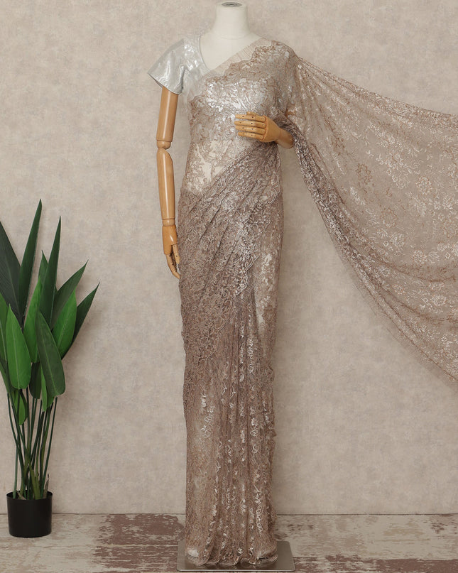 Taupe Brown Premium French Metallic Chantilly Saree Lace Fabric 110 Cms Width 5.5 Meters Piece Elegant Floral Net Lace From France For Designer Sarees And Couture Draping-D27673