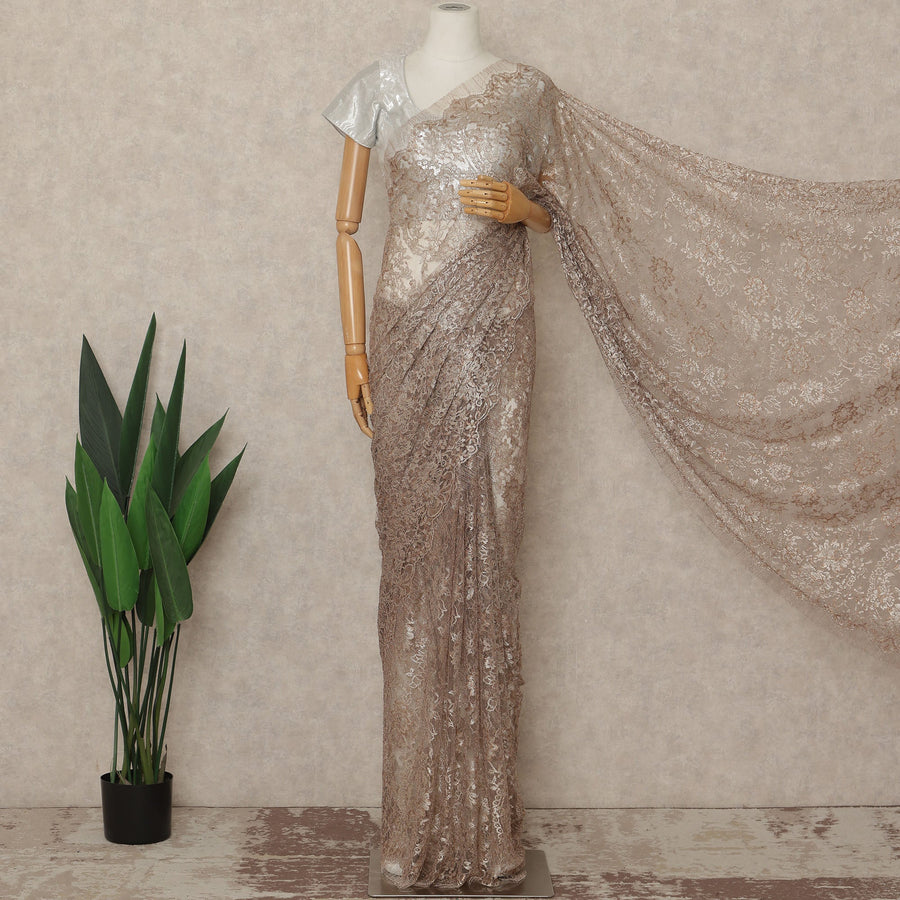 Taupe Brown Premium French Metallic Chantilly Saree Lace Fabric 110 Cms Width 5.5 Meters Piece Elegant Floral Net Lace From France For Designer Sarees And Couture Draping-D27673