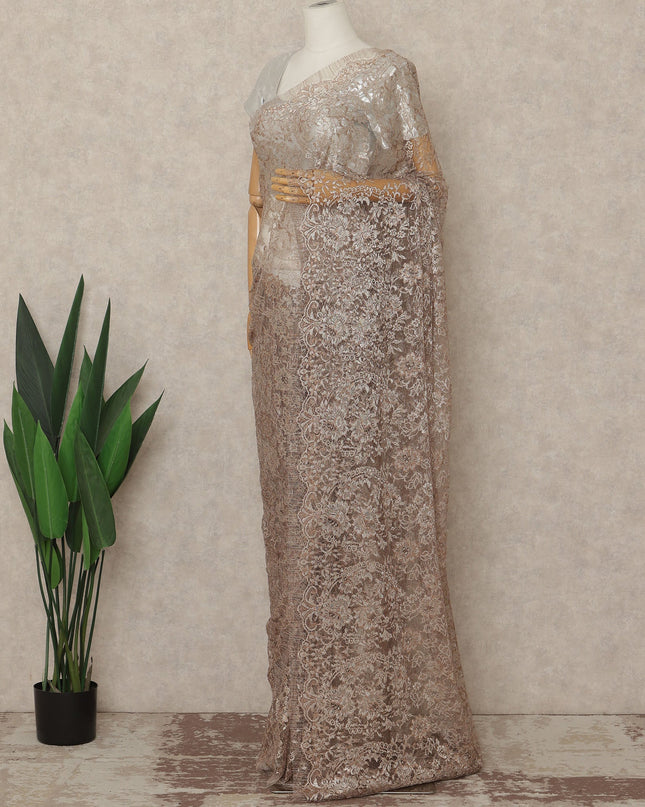 Taupe Brown Premium French Metallic Chantilly Saree Lace Fabric 110 Cms Width 5.5 Meters Piece Elegant Floral Net Lace From France For Designer Sarees And Couture Draping-D27673