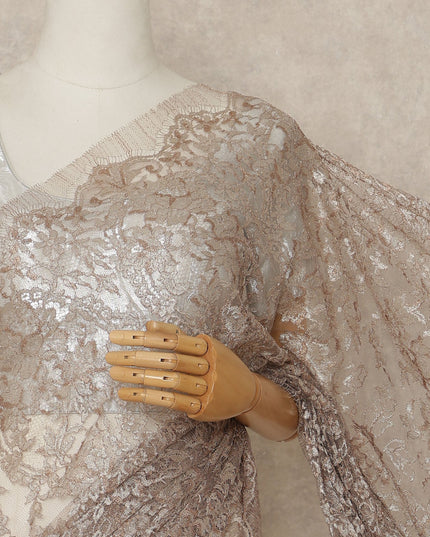 Taupe Brown Premium French Metallic Chantilly Saree Lace Fabric 110 Cms Width 5.5 Meters Piece Elegant Floral Net Lace From France For Designer Sarees And Couture Draping-D27673