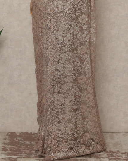 Taupe Brown Premium French Metallic Chantilly Saree Lace Fabric 110 Cms Width 5.5 Meters Piece Elegant Floral Net Lace From France For Designer Sarees And Couture Draping-D27673