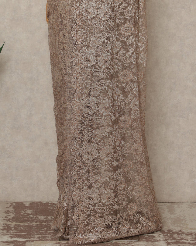 Taupe Brown Premium French Metallic Chantilly Saree Lace Fabric 110 Cms Width 5.5 Meters Piece Elegant Floral Net Lace From France For Designer Sarees And Couture Draping-D27673