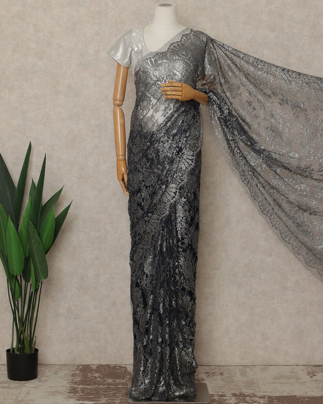 Navy Blue Premium French Metallic Chantilly Saree Lace Fabric 110 Cms Width 5.5 Meters Piece Elegant Floral Net Lace From France For Designer Sarees And Couture Drapes-D27669 Regal Fabrics