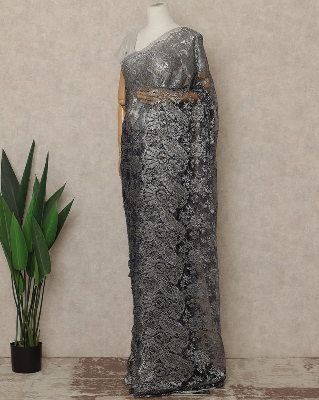 Navy Blue Premium French Metallic Chantilly Saree Lace Fabric 110 Cms Width 5.5 Meters Piece Elegant Floral Net Lace From France For Designer Sarees And Couture Drapes-D27669 Regal Fabrics