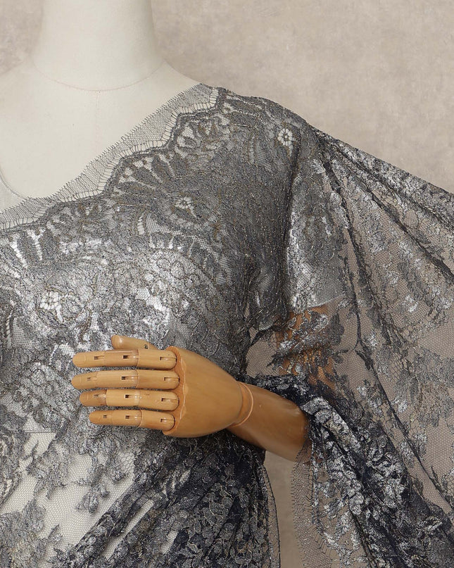 Navy Blue Premium French Metallic Chantilly Saree Lace Fabric 110 Cms Width 5.5 Meters Piece Elegant Floral Net Lace From France For Designer Sarees And Couture Drapes-D27669 Regal Fabrics