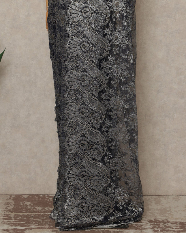 Navy Blue Premium French Metallic Chantilly Saree Lace Fabric 110 Cms Width 5.5 Meters Piece Elegant Floral Net Lace From France For Designer Sarees And Couture Drapes-D27669 Regal Fabrics
