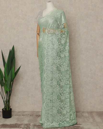 Mint Green Premium French Metallic Chantilly Saree Lace Fabric 5.5 Meters x 110 Cms Width Elegant Floral Net Material From France Unstitched Blouse Not Included-D28149