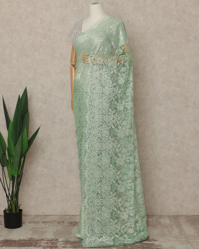 Mint Green Premium French Metallic Chantilly Saree Lace Fabric 5.5 Meters x 110 Cms Width Elegant Floral Net Material From France Unstitched Blouse Not Included-D28149
