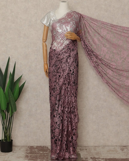 Dusty Rose Premium French Chantilly Saree Lace Fabric 110 Cms Width 5.5 Meters Piece Elegant Floral Net Lace From France For Designer Sarees And Couture Draping-D27683