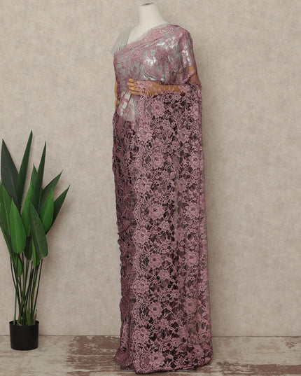 Dusty Rose Premium French Chantilly Saree Lace Fabric 110 Cms Width 5.5 Meters Piece Elegant Floral Net Lace From France For Designer Sarees And Couture Draping-D27683