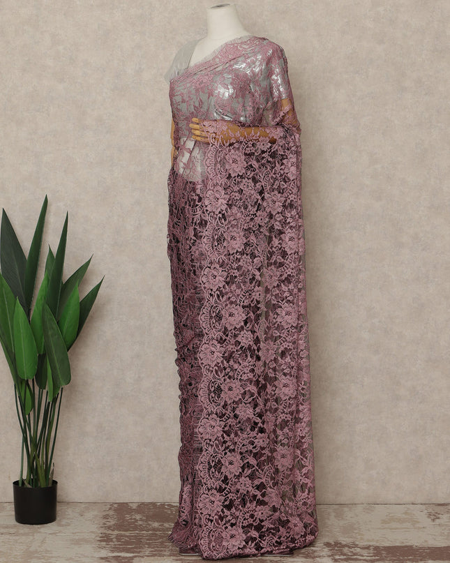 Dusty Rose Premium French Chantilly Saree Lace Fabric 110 Cms Width 5.5 Meters Piece Elegant Floral Net Lace From France For Designer Sarees And Couture Draping-D27683