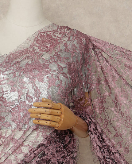 Dusty Rose Premium French Chantilly Saree Lace Fabric 110 Cms Width 5.5 Meters Piece Elegant Floral Net Lace From France For Designer Sarees And Couture Draping-D27683