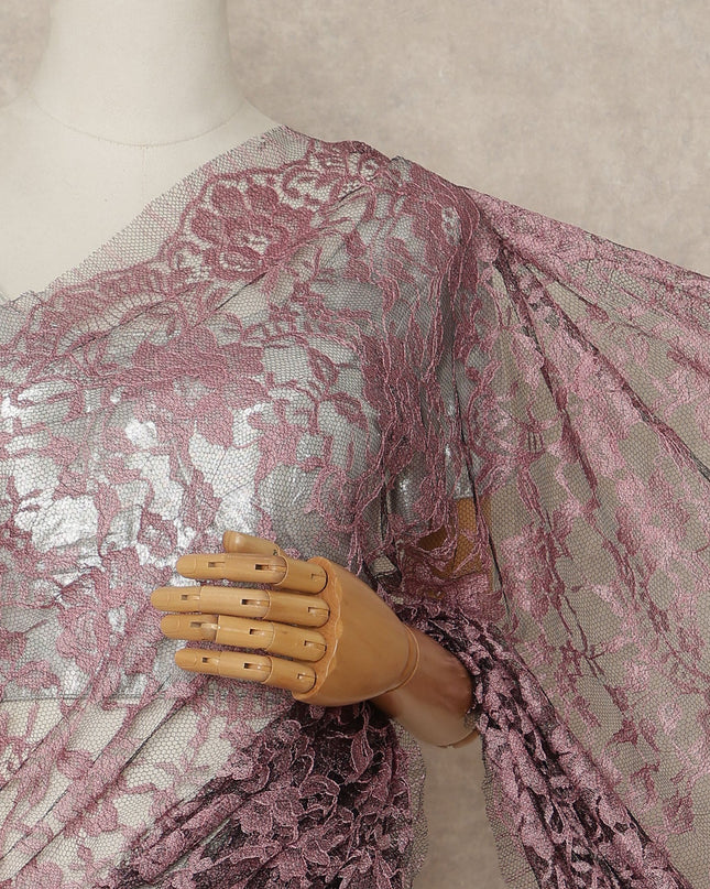 Dusty Rose Premium French Chantilly Saree Lace Fabric 110 Cms Width 5.5 Meters Piece Elegant Floral Net Lace From France For Designer Sarees And Couture Draping-D27683