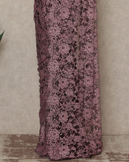 Dusty Rose Premium French Chantilly Saree Lace Fabric 110 Cms Width 5.5 Meters Piece Elegant Floral Net Lace From France For Designer Sarees And Couture Draping-D27683