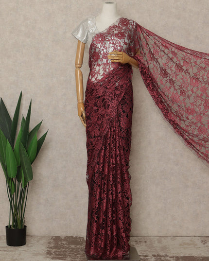 Deep Wine Red Premium French Chantilly Saree Lace Fabric 110 Cms Width 5.5 Meters Piece Elegant Floral Net Lace From France For Designer Sarees And Couture Draping-D27686