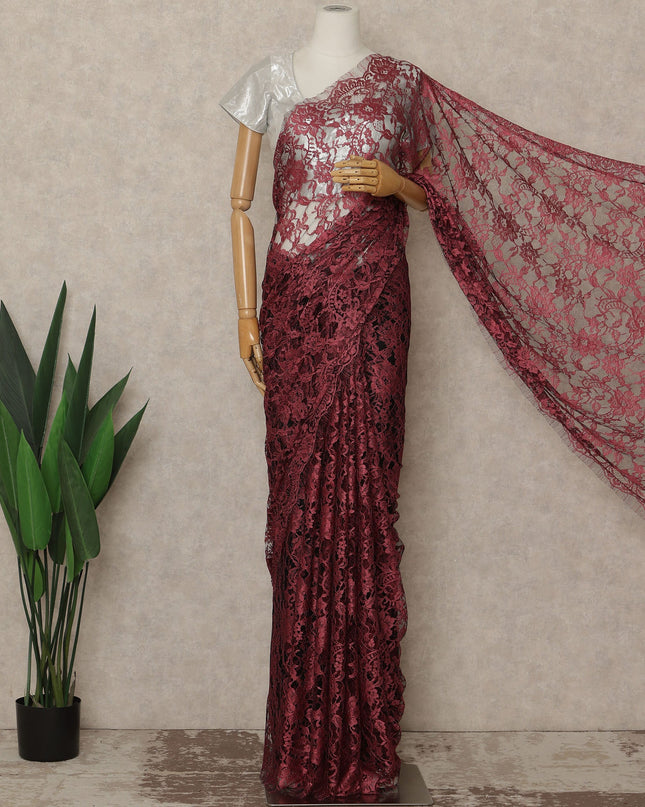 Deep Wine Red Premium French Chantilly Saree Lace Fabric 110 Cms Width 5.5 Meters Piece Elegant Floral Net Lace From France For Designer Sarees And Couture Draping-D27686