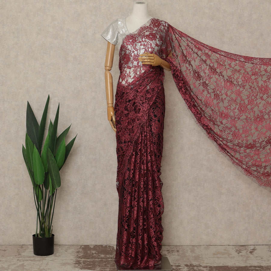 Deep Wine Red Premium French Chantilly Saree Lace Fabric 110 Cms Width 5.5 Meters Piece Elegant Floral Net Lace From France For Designer Sarees And Couture Draping-D27686