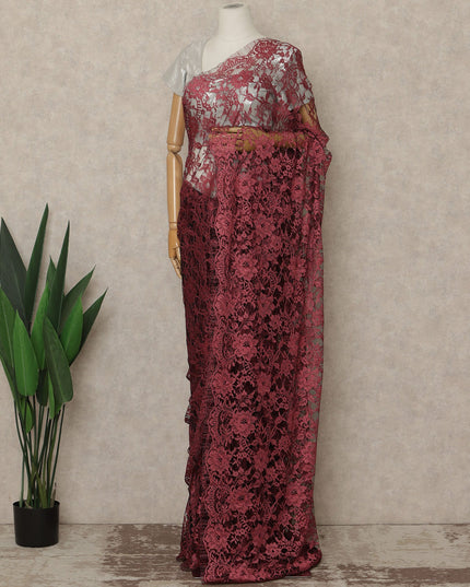 Deep Wine Red Premium French Chantilly Saree Lace Fabric 110 Cms Width 5.5 Meters Piece Elegant Floral Net Lace From France For Designer Sarees And Couture Draping-D27686