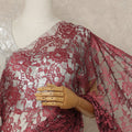 Deep Wine Red Premium French Chantilly Saree Lace Fabric 110 Cms Width 5.5 Meters Piece Elegant Floral Net Lace From France For Designer Sarees And Couture Draping-D27686