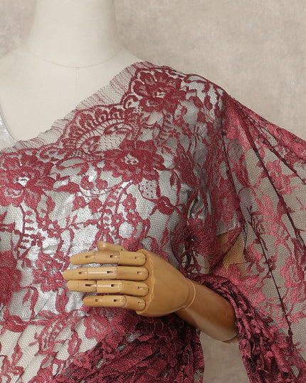 Deep Wine Red Premium French Chantilly Saree Lace Fabric 110 Cms Width 5.5 Meters Piece Elegant Floral Net Lace From France For Designer Sarees And Couture Draping-D27686