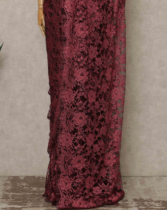 Deep Wine Red Premium French Chantilly Saree Lace Fabric 110 Cms Width 5.5 Meters Piece Elegant Floral Net Lace From France For Designer Sarees And Couture Draping-D27686