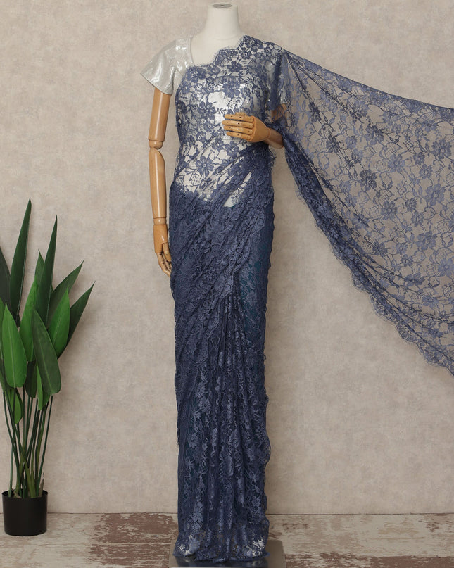 Slate Blue Premium French Chantilly Saree Lace Fabric 110 Cms Width 5.5 Meters Piece Elegant Floral Net Lace From France For Designer Sarees And Couture Draping-D27685