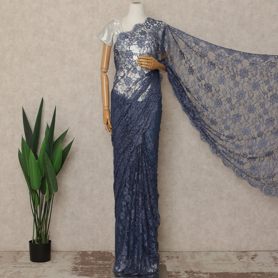 Slate Blue Premium French Chantilly Saree Lace Fabric 110 Cms Width 5.5 Meters Piece Elegant Floral Net Lace From France For Designer Sarees And Couture Draping-D27685
