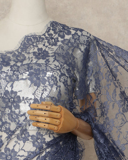 Slate Blue Premium French Chantilly Saree Lace Fabric 110 Cms Width 5.5 Meters Piece Elegant Floral Net Lace From France For Designer Sarees And Couture Draping-D27685