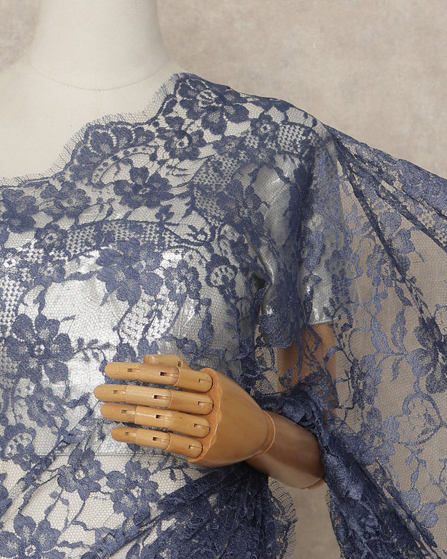 Slate Blue Premium French Chantilly Saree Lace Fabric 110 Cms Width 5.5 Meters Piece Elegant Floral Net Lace From France For Designer Sarees And Couture Draping-D27685