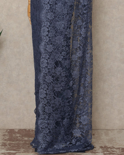 Slate Blue Premium French Chantilly Saree Lace Fabric 110 Cms Width 5.5 Meters Piece Elegant Floral Net Lace From France For Designer Sarees And Couture Draping-D27685