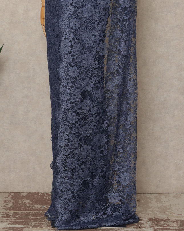 Slate Blue Premium French Chantilly Saree Lace Fabric 110 Cms Width 5.5 Meters Piece Elegant Floral Net Lace From France For Designer Sarees And Couture Draping-D27685