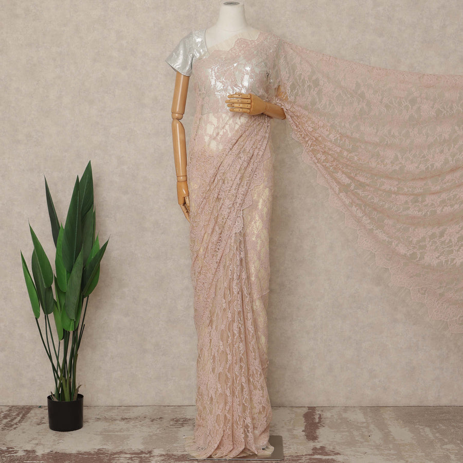 Blush Pink Premium French 2 Tone Chantilly Saree Lace 5.5 Mtrs Length 110 Cms Width Designer Net Fabric Made In France, Blouse Not Included-D28114