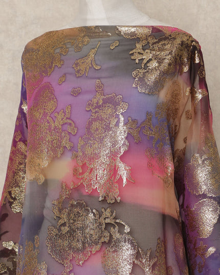 Multicolor Purple Floral Silk Chiffon Dirac With Metallic Lu