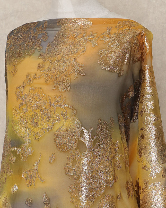Gold Yellow Floral Silk Chiffon Dirac With Metallic Lurex