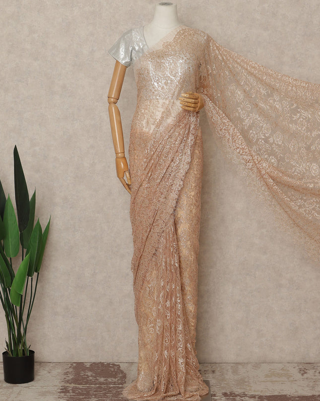 Rose Gold Metallic French Chantilly Saree Lace Elegant Floral Net Design 5.5 Mtrs Length 110 Cms Width Premium Soft Sheer Fabric France Origin-D28911 Regal Fabrics