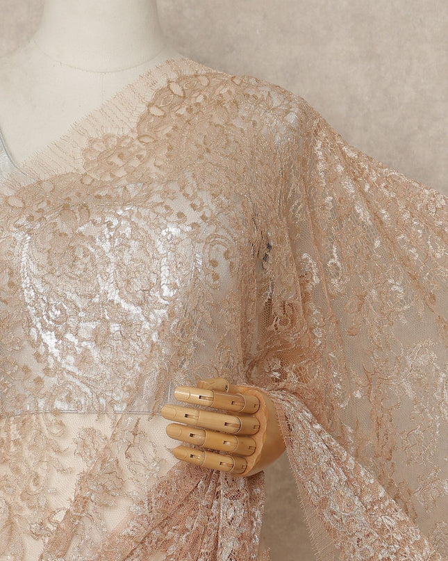 Rose Gold Metallic French Chantilly Saree Lace Elegant Floral Net Design 5.5 Mtrs Length 110 Cms Width Premium Soft Sheer Fabric France Origin-D28911 Regal Fabrics