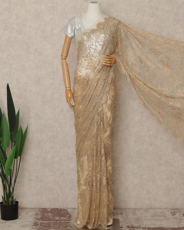 Champagne Gold Metallic French Chantilly Saree Lace Elegant Floral Net Design 5.5 Mtrs Length 110 Cms Width Premium Soft Sheer Fabric France Origin-D28914 Regal Fabrics