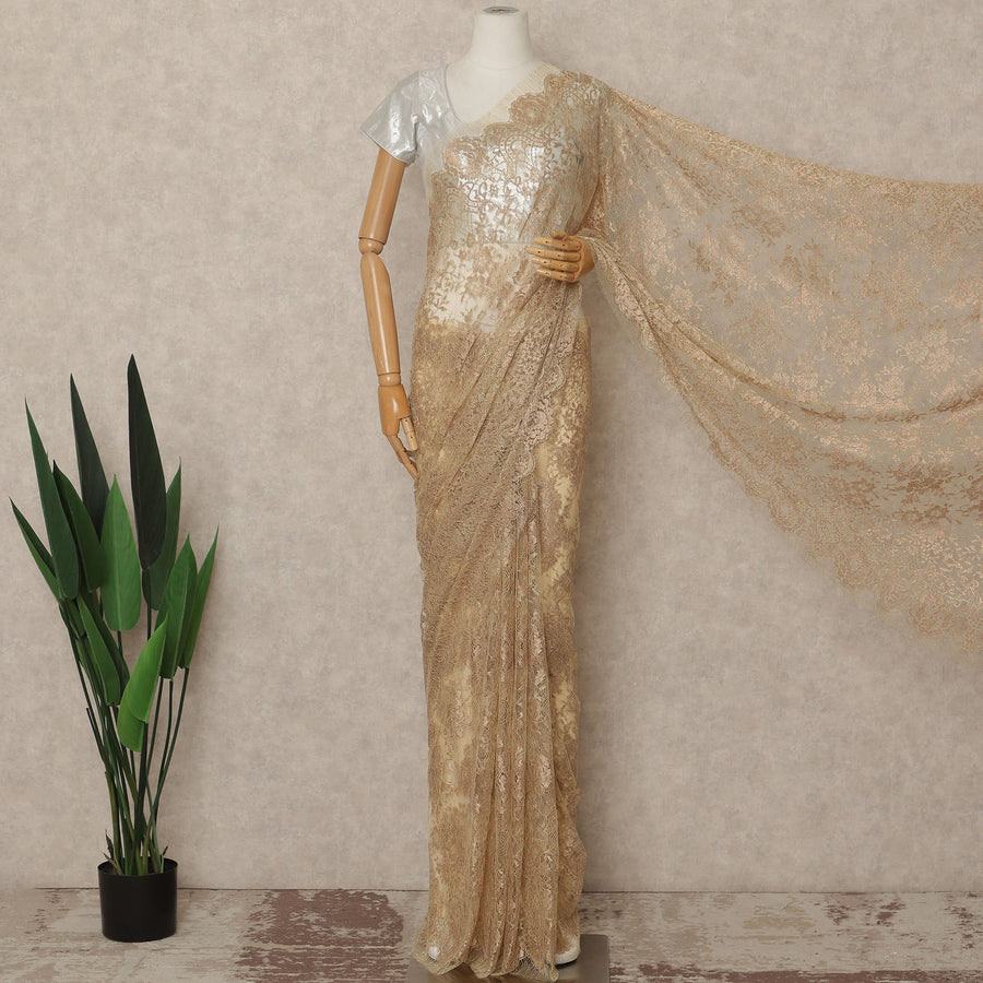 Champagne Gold Metallic French Chantilly Saree Lace Elegant Floral Net Design 5.5 Mtrs Length 110 Cms Width Premium Soft Sheer Fabric France Origin-D28914 Regal Fabrics