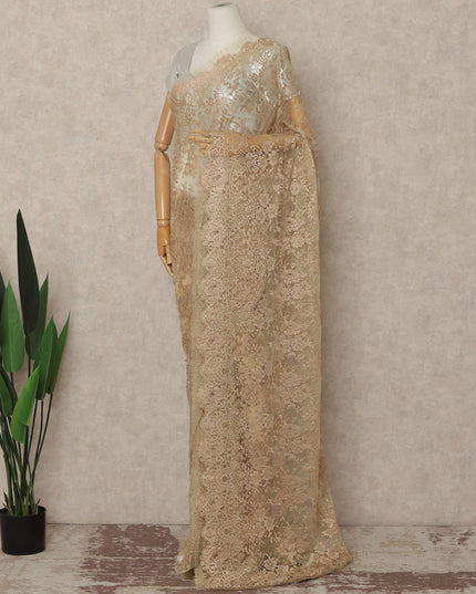 Champagne Gold Metallic French Chantilly Saree Lace Elegant Floral Net Design 5.5 Mtrs Length 110 Cms Width Premium Soft Sheer Fabric France Origin-D28914 Regal Fabrics