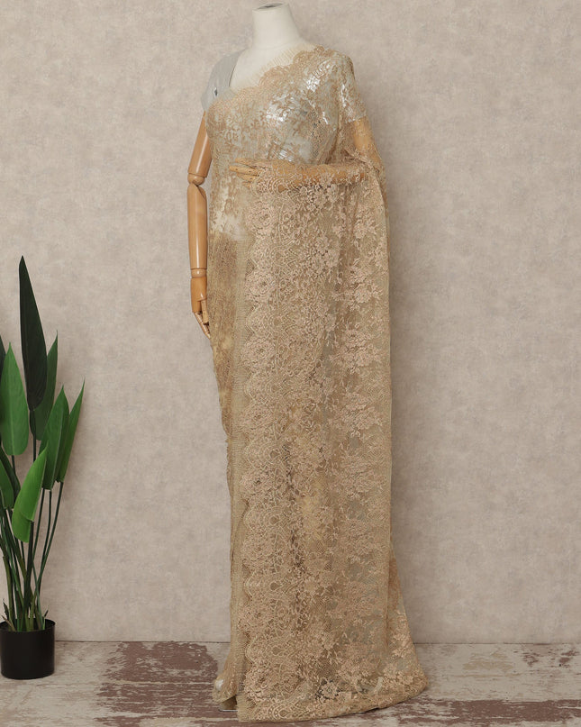 Champagne Gold Metallic French Chantilly Saree Lace Elegant Floral Net Design 5.5 Mtrs Length 110 Cms Width Premium Soft Sheer Fabric France Origin-D28914 Regal Fabrics