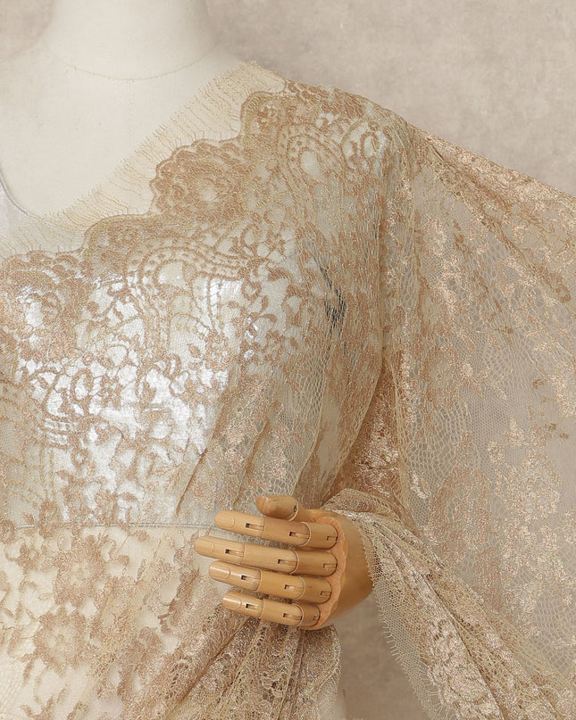 Champagne Gold Metallic French Chantilly Saree Lace Elegant Floral Net Design 5.5 Mtrs Length 110 Cms Width Premium Soft Sheer Fabric France Origin-D28914 Regal Fabrics