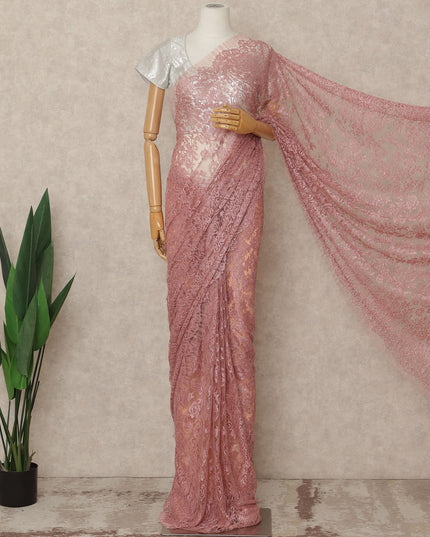Dusty Pink Premium French Metallic Chantilly Saree Lace Fabric 5.5 Mtrs Length 110 Cms Width Floral Designer Net Drape Material Made In France, Blouse Not Included-D28093