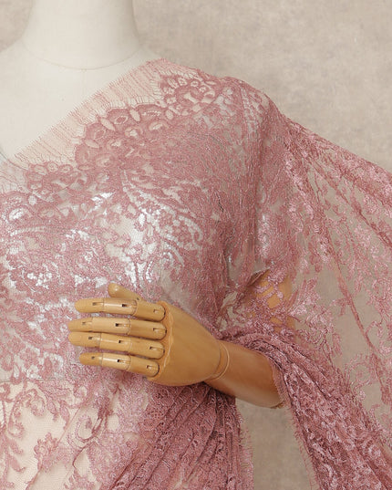 Dusty Pink Premium French Metallic Chantilly Saree Lace Fabric 5.5 Mtrs Length 110 Cms Width Floral Designer Net Drape Material Made In France, Blouse Not Included-D28093