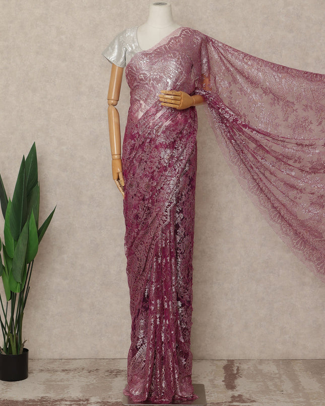 Deep Magenta Premium French Metallic Chantilly Saree Lace Fabric 5.5 Mtrs Length 110 Cms Width Floral Designer Net Drape Material Made In France, Blouse Not Included-D28094