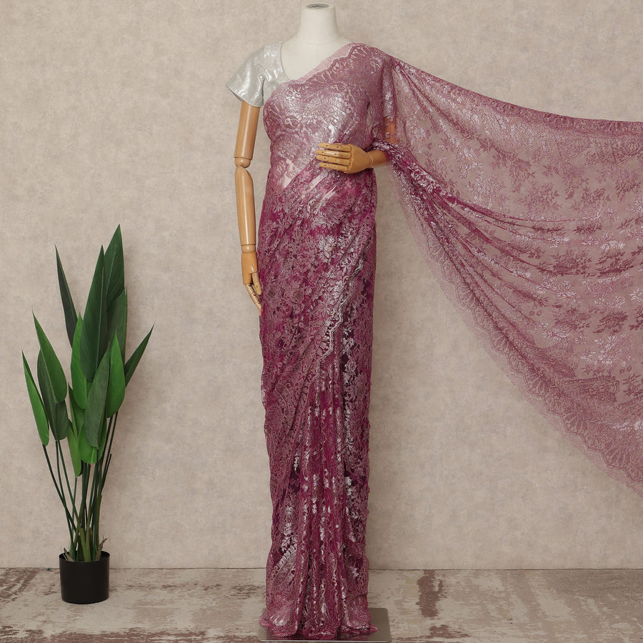 Deep Magenta Premium French Metallic Chantilly Saree Lace Fabric 5.5 Mtrs Length 110 Cms Width Floral Designer Net Drape Material Made In France, Blouse Not Included-D28094 Regal Fabrics