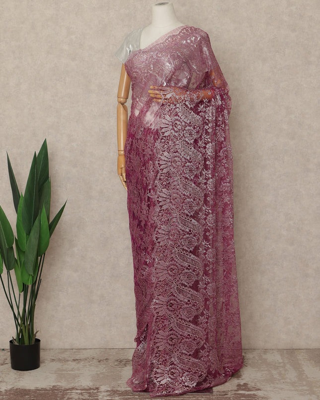 Deep Magenta Premium French Metallic Chantilly Saree Lace Fabric 5.5 Mtrs Length 110 Cms Width Floral Designer Net Drape Material Made In France, Blouse Not Included-D28094