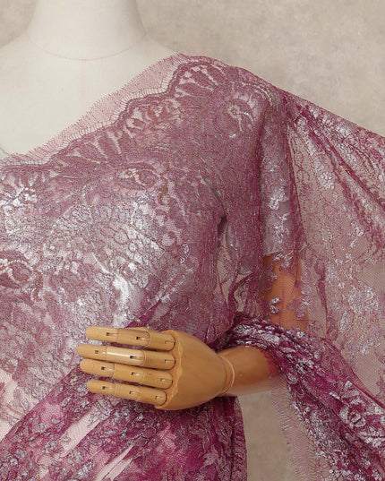 Deep Magenta Premium French Metallic Chantilly Saree Lace Fabric 5.5 Mtrs Length 110 Cms Width Floral Designer Net Drape Material Made In France, Blouse Not Included-D28094 Regal Fabrics