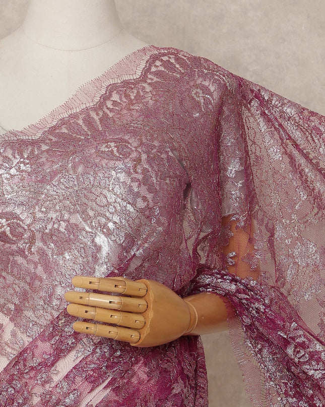 Deep Magenta Premium French Metallic Chantilly Saree Lace Fabric 5.5 Mtrs Length 110 Cms Width Floral Designer Net Drape Material Made In France, Blouse Not Included-D28094